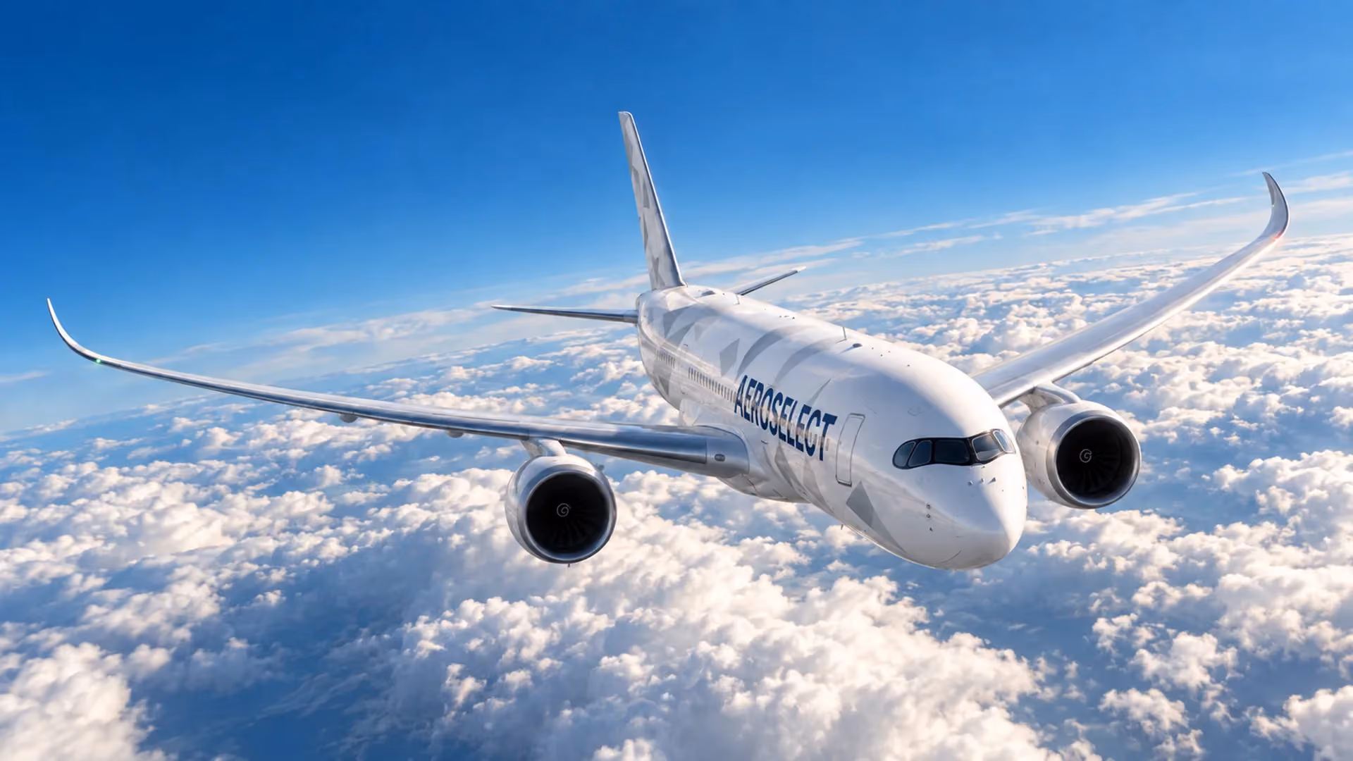AeroSelect aircraft banking above the clouds