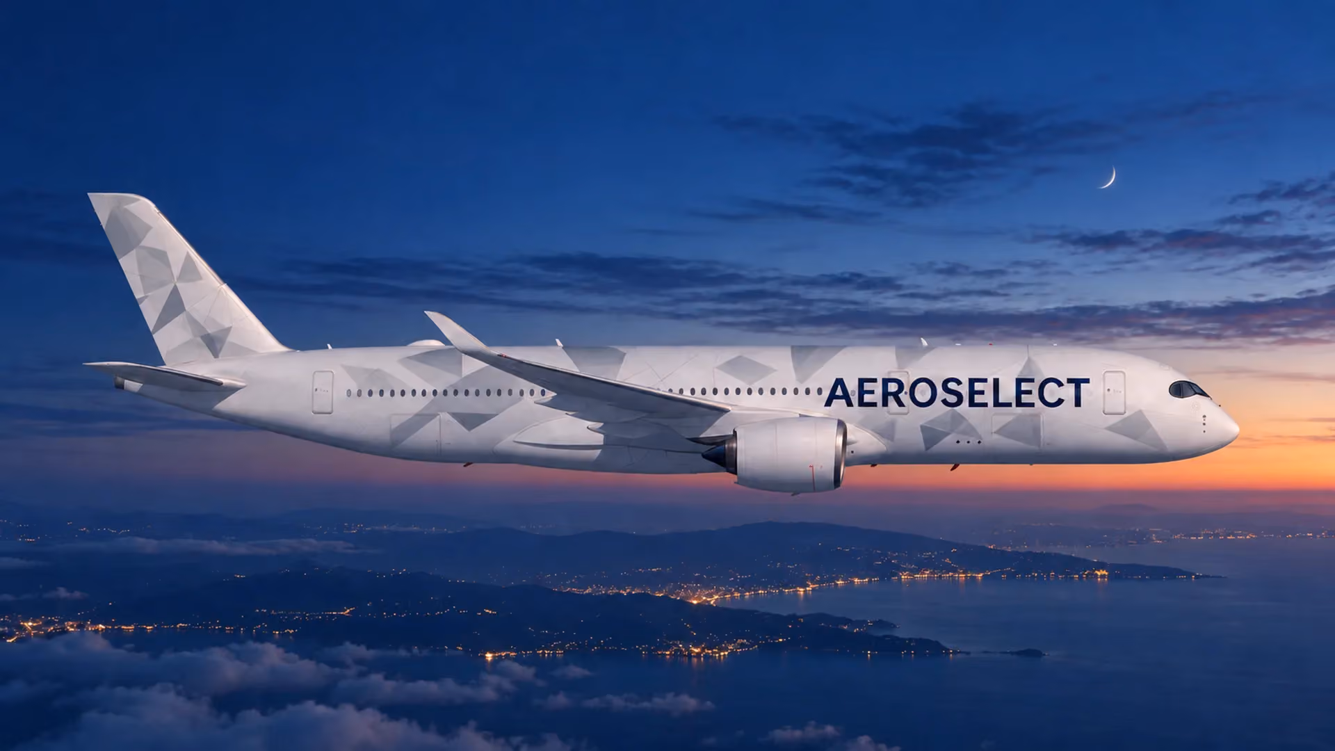 AeroSelect aircraft above an illuminated coastline at twilight