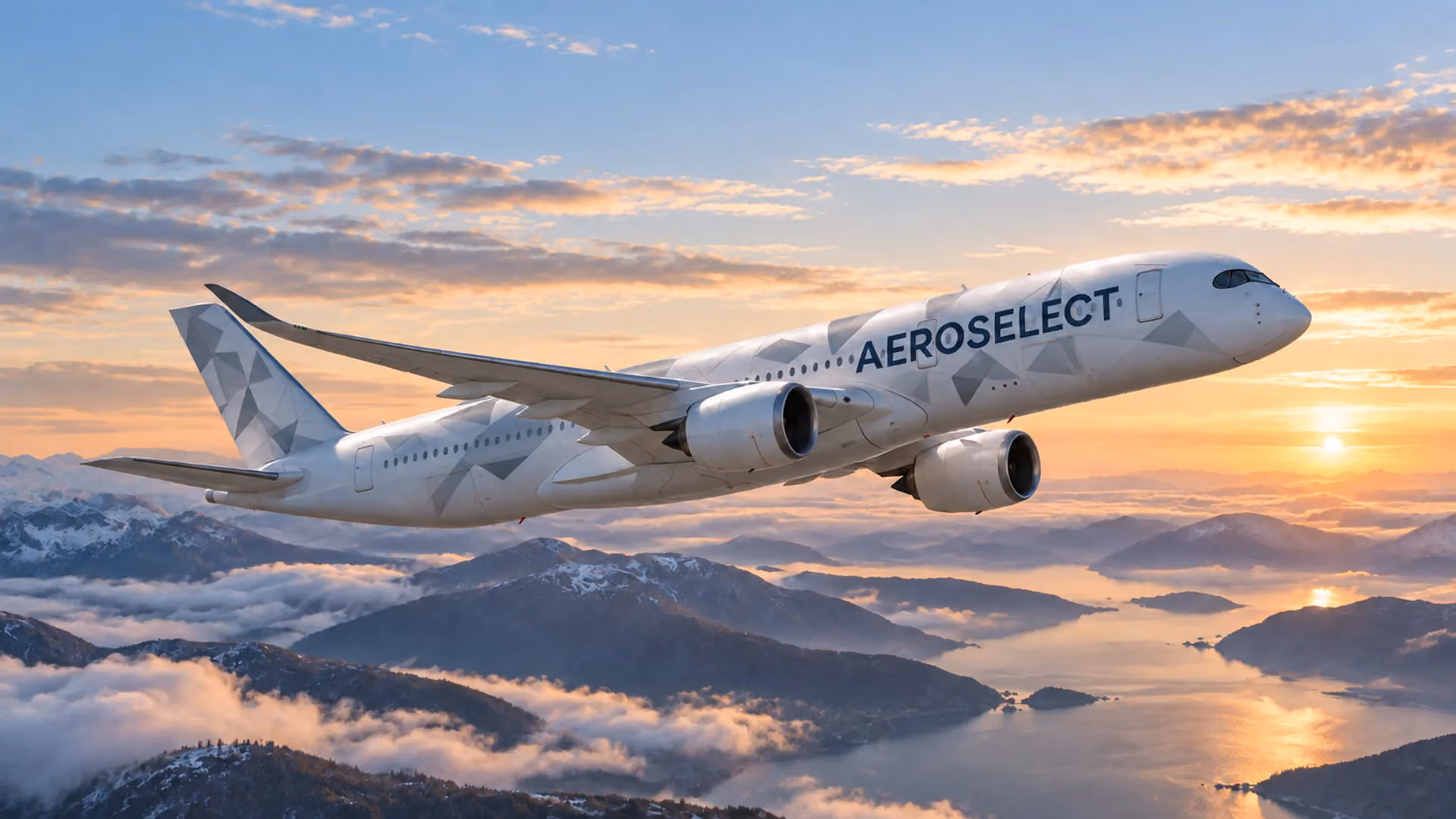 AeroSelect Flugzeug über Fjorden und Bergen bei Sonnenaufgang