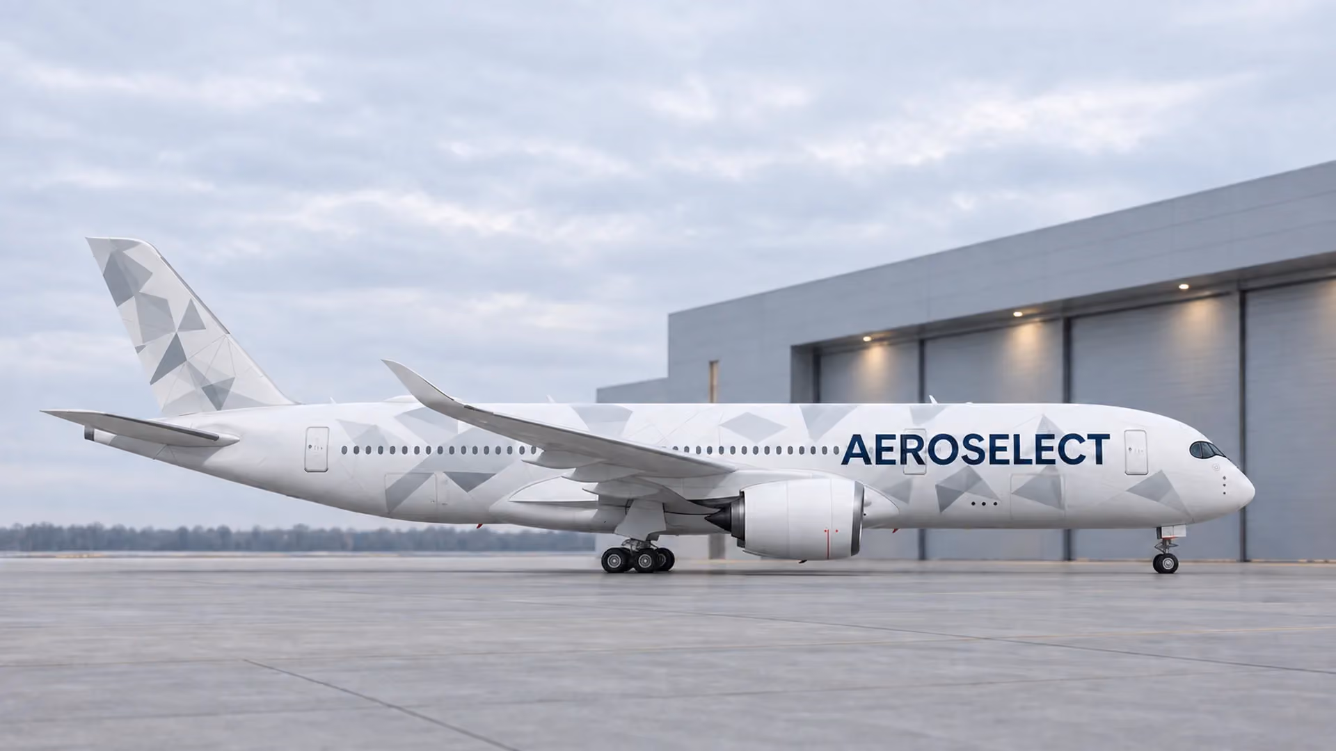 AeroSelect aircraft on the apron in front of a modern hangar