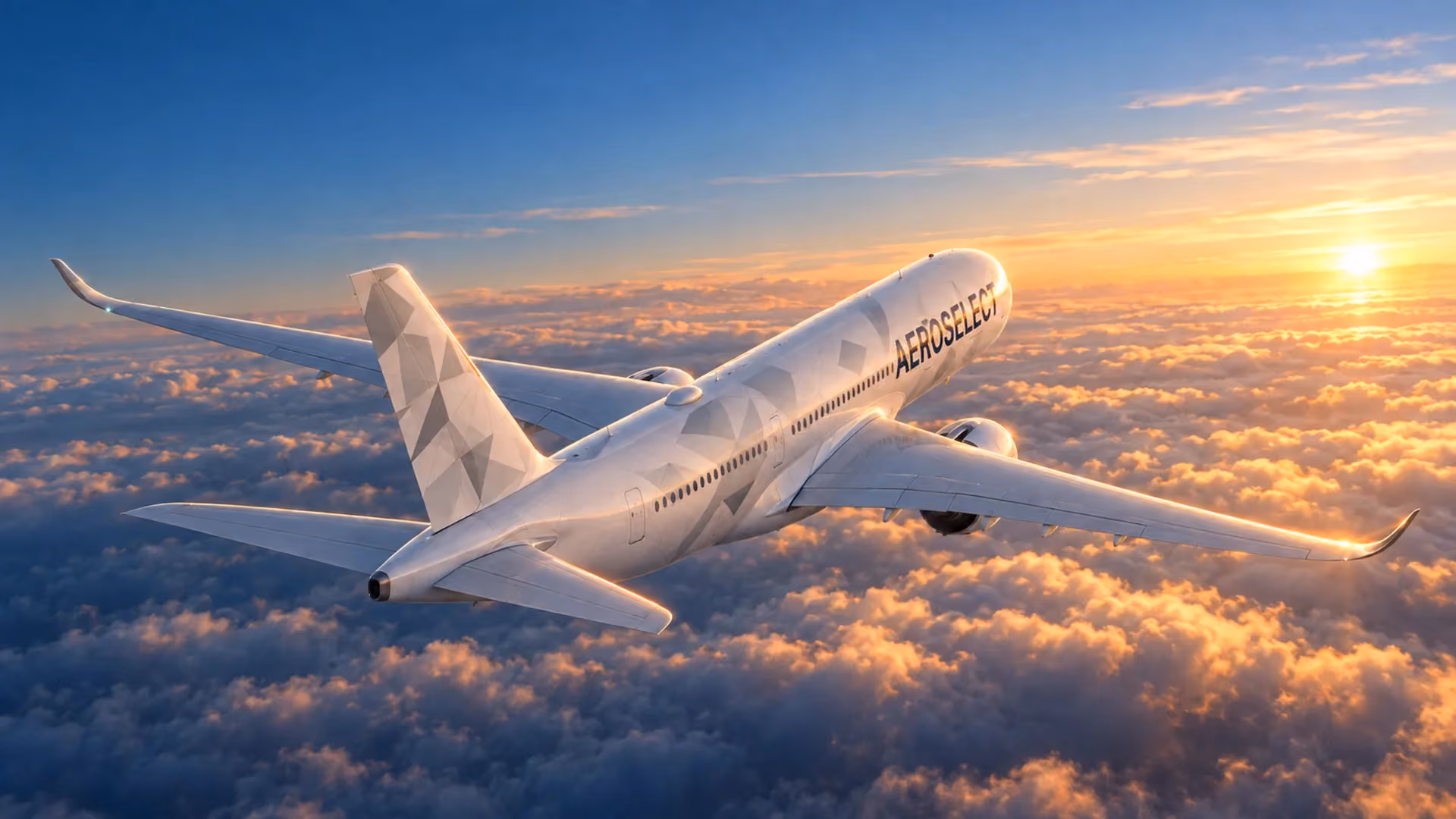 AeroSelect aircraft climbing above clouds from a rear chase perspective