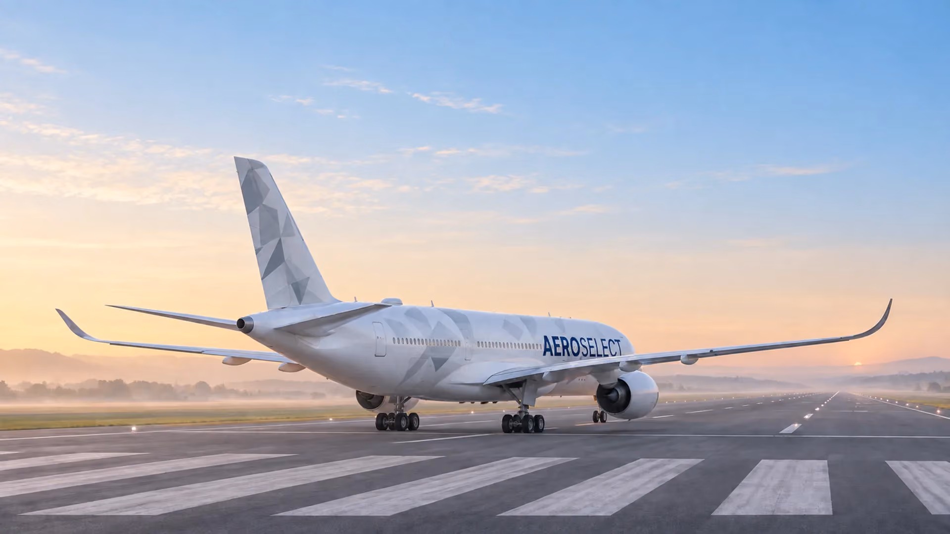 AeroSelect aircraft at a runway threshold in morning light