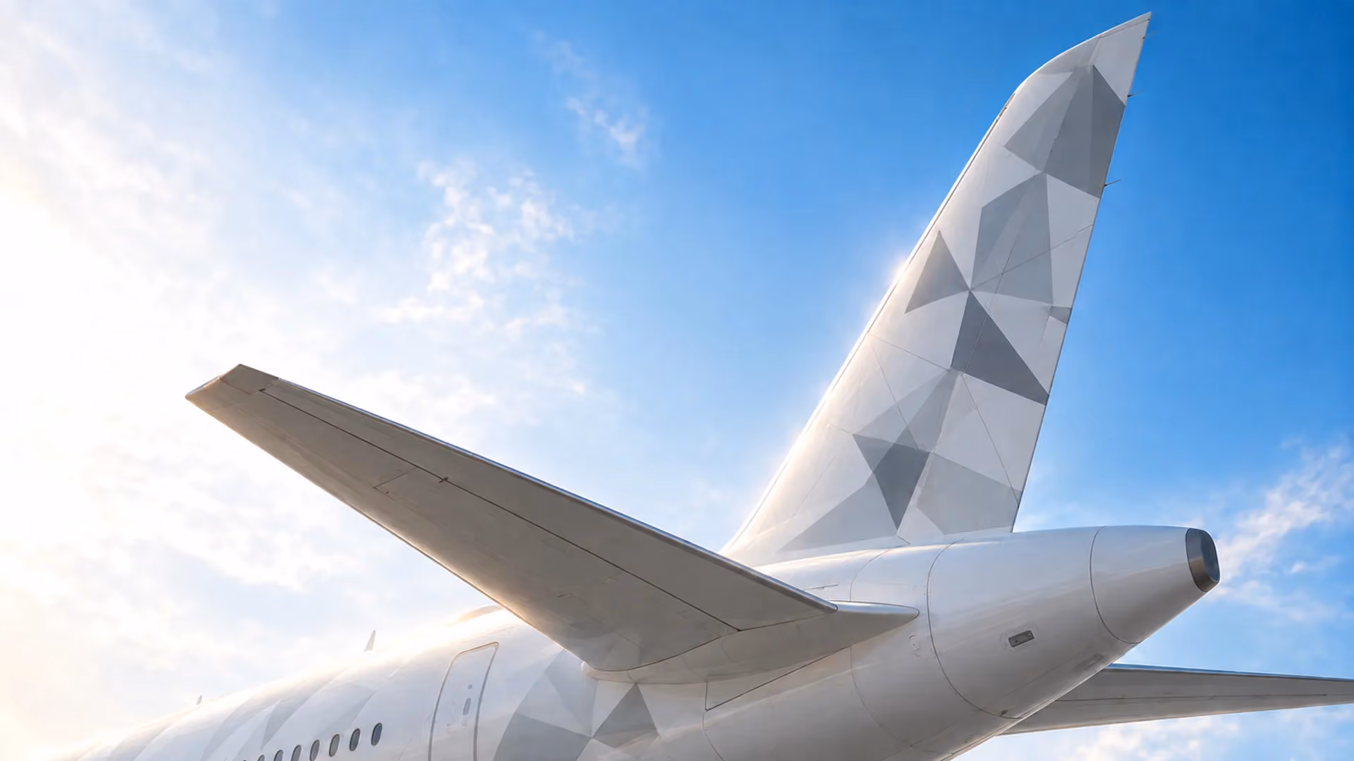 AeroSelect aircraft tailfin and rear fuselage against a bright sky